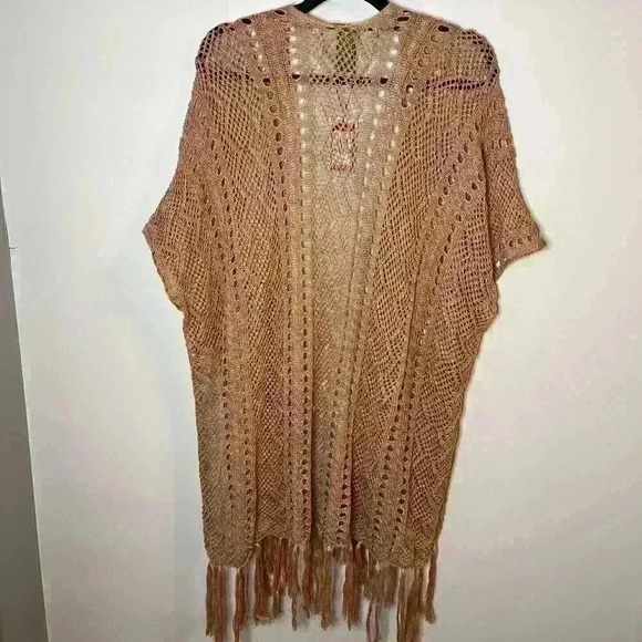 Vince Camuto Open Knit Womens Sweater Fringe Boho Shimmer Crochet Lightweight - Picture 9 of 11